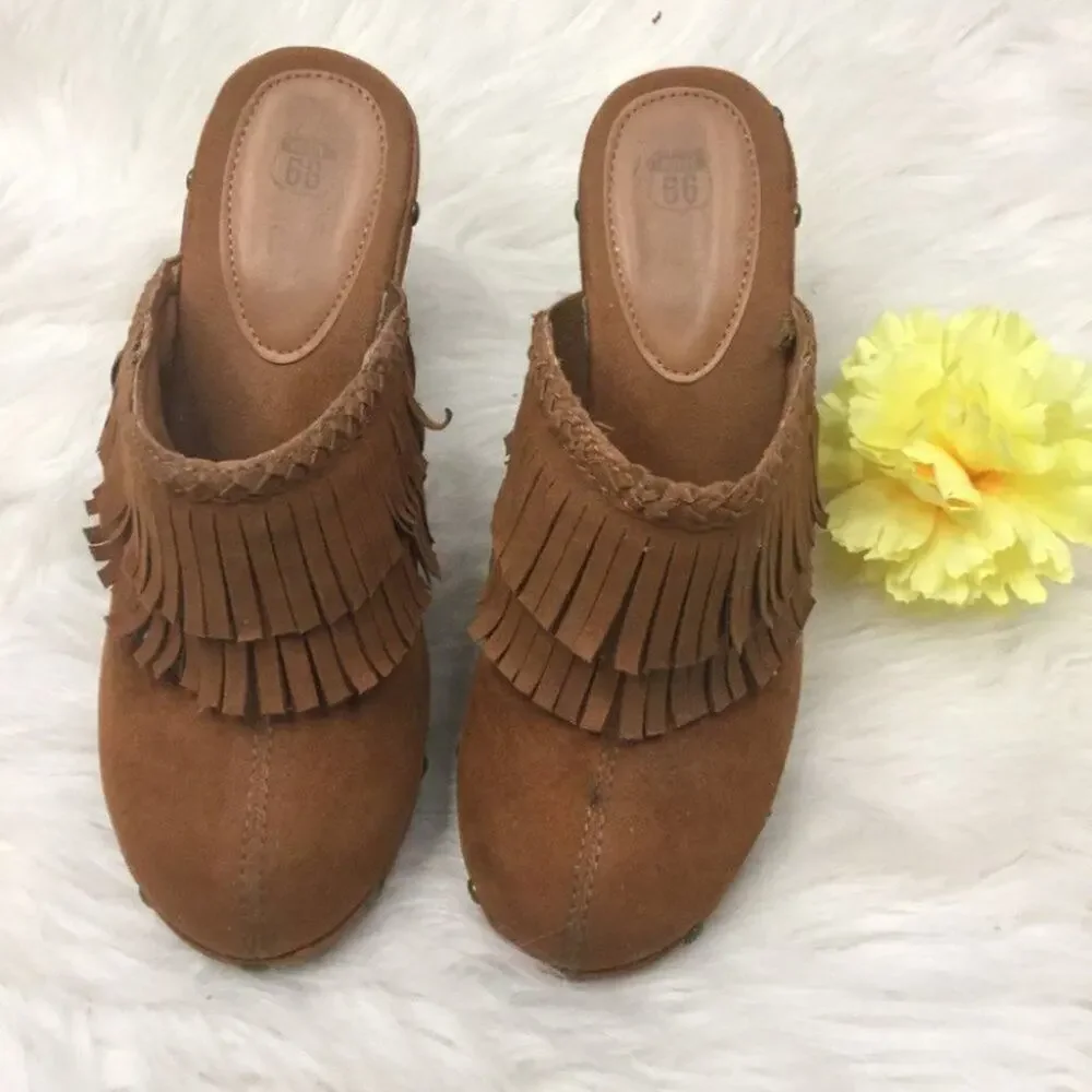 ROUTE 66 Casual Fringe Slip On Mules Brown Boho - Picture 3 of 13